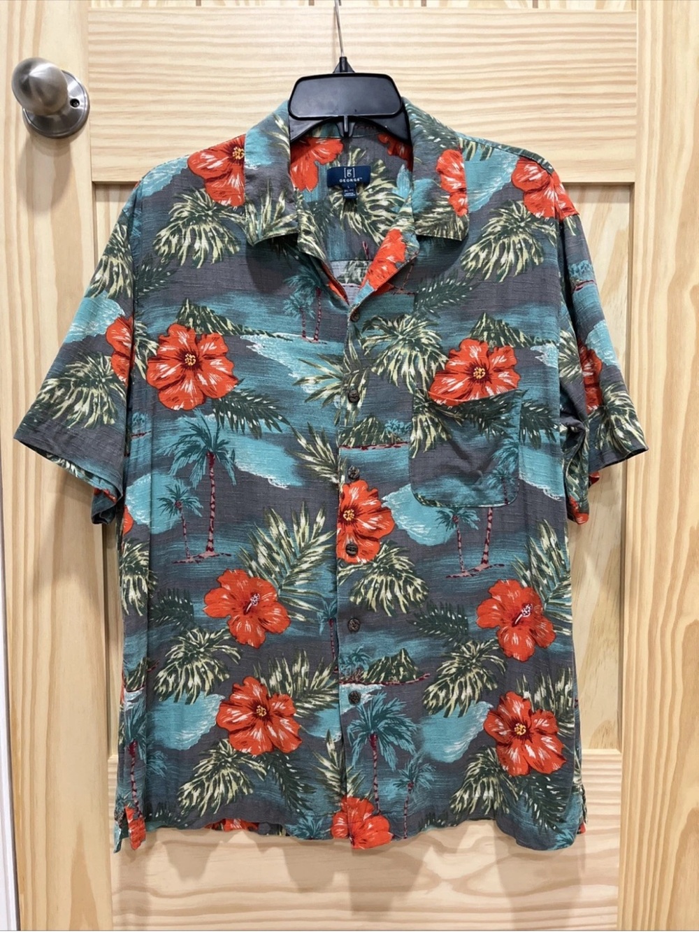 George Men’s Teal and Red Tropical Button-Down Shirt